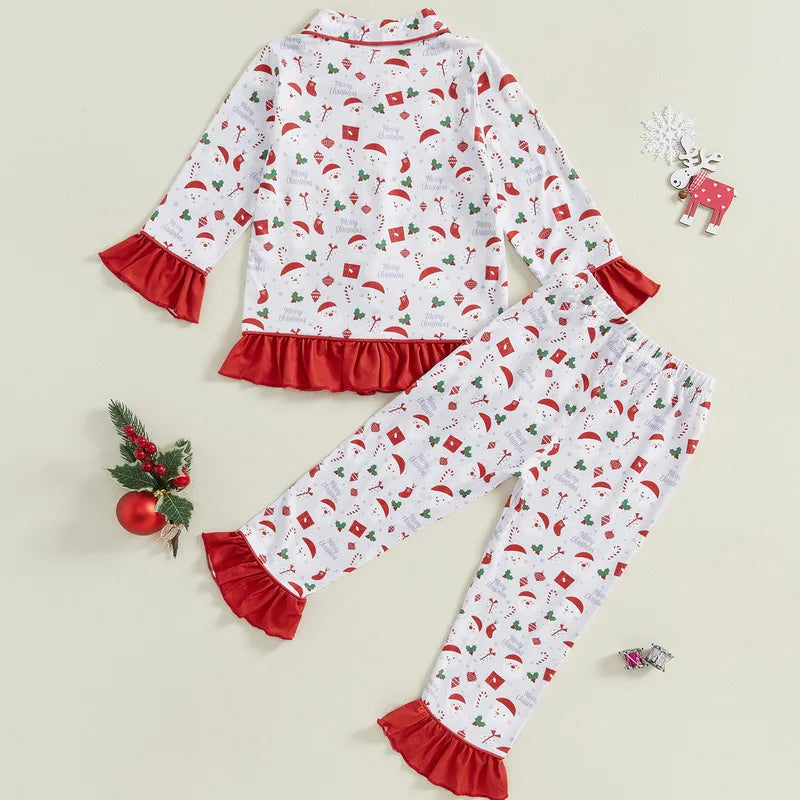 Max 1 to 5 Years Baby Girl Christmas Pajama Sets Long Sleeve Lapel Candy Cane/Santa Claus Print Shirt Pants Sleepwear