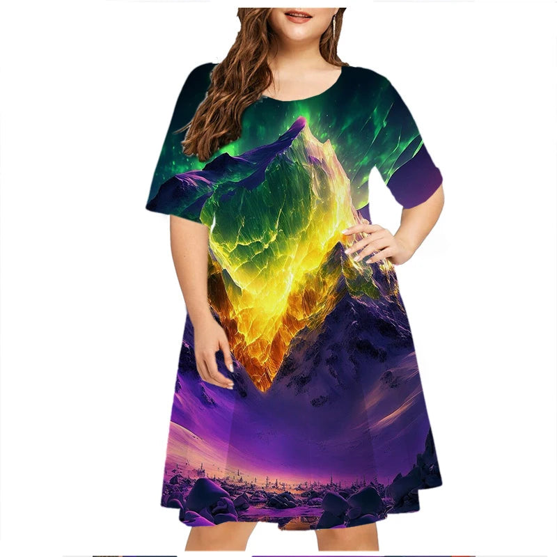 Maxy Thunder Lightning Pattern Women Dress Short Sleeve O-Neck Tie Dye 3D Print Summer Dress Plus Size Ladies Casual Loose Dress 6XL