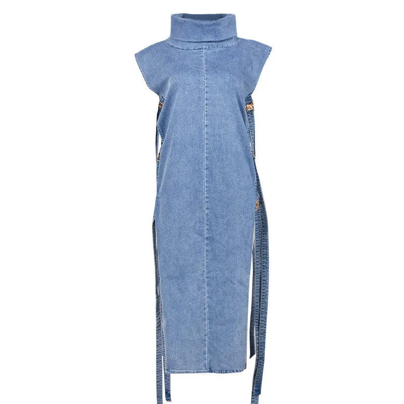 Maxy Vintage Fashion Women's Hollow Out Bandage Design Denim Dress Autumn Stand Collar Sleeveless Dresses Female 1LS029