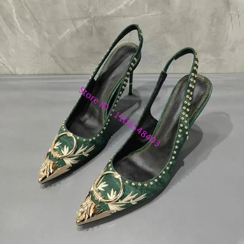 Maxy New Arrive Gold Metal Toe Women High Heel Suede Slingback Sandals Design Lady High Heel Gold Rivets Sandals Plus Size 42
