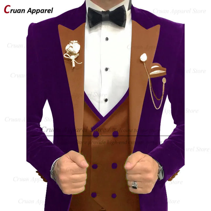 Maxy Luxury Velvet Men Suits Set Slim Fit Trendy Prom Wedding Groom Jacket with Double Breasted Vest Pants 3 Piece