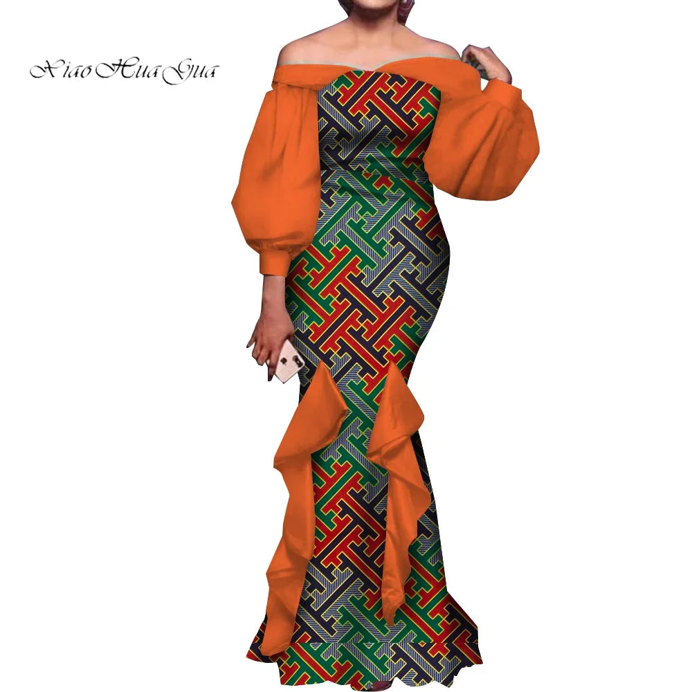 Amay Fashion Women Ankara Dresses Flash Neck Puff Sleeve Long Dress African Dress Robe Africaine Femme Evening Mermaid Dress WY1848