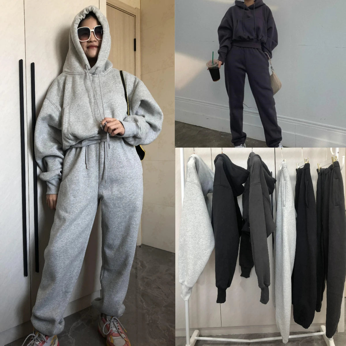 Wholesale Fleece Hoodie with Jogger Pant Sweat Suit Fall Winter 2 Piece Set Tracksuit Women Sports Outfit Two Piece Solid Casual