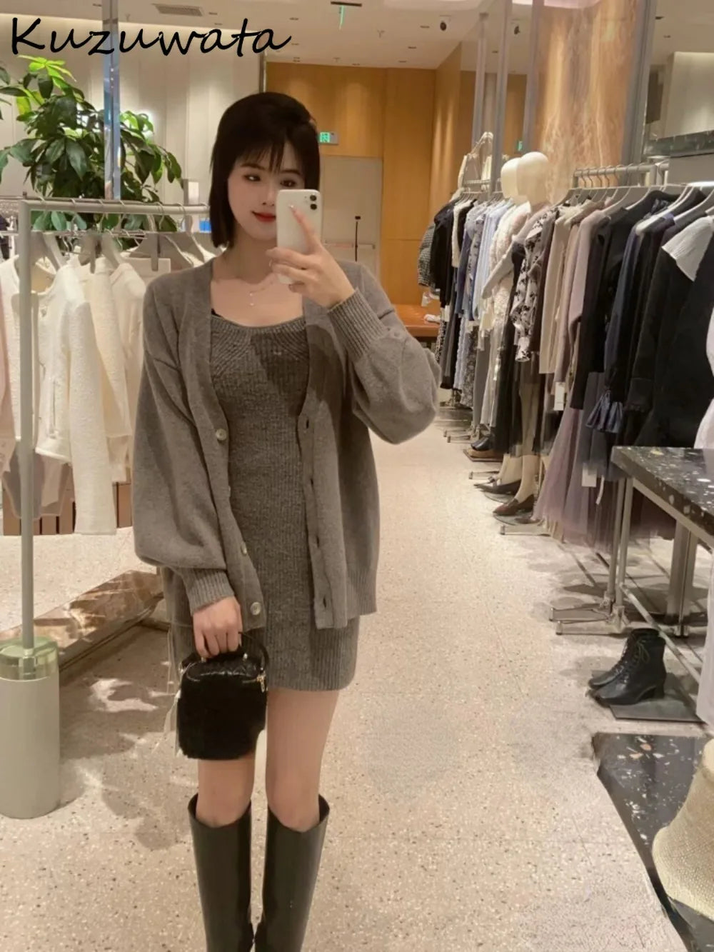 Maxy New Slim Fit Knit Elegant Sets Dress+v Neck Single Breasted Lantern Sleeve Cardigan Japan Spring Casual Suits Robe