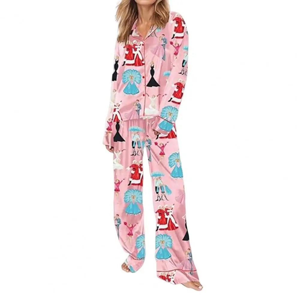 Women Long Sleeve Pajama Set Women Lapel Notch Collar Pajamas Colorful Christmas Pajamas Set with Satin for Women for Holidays