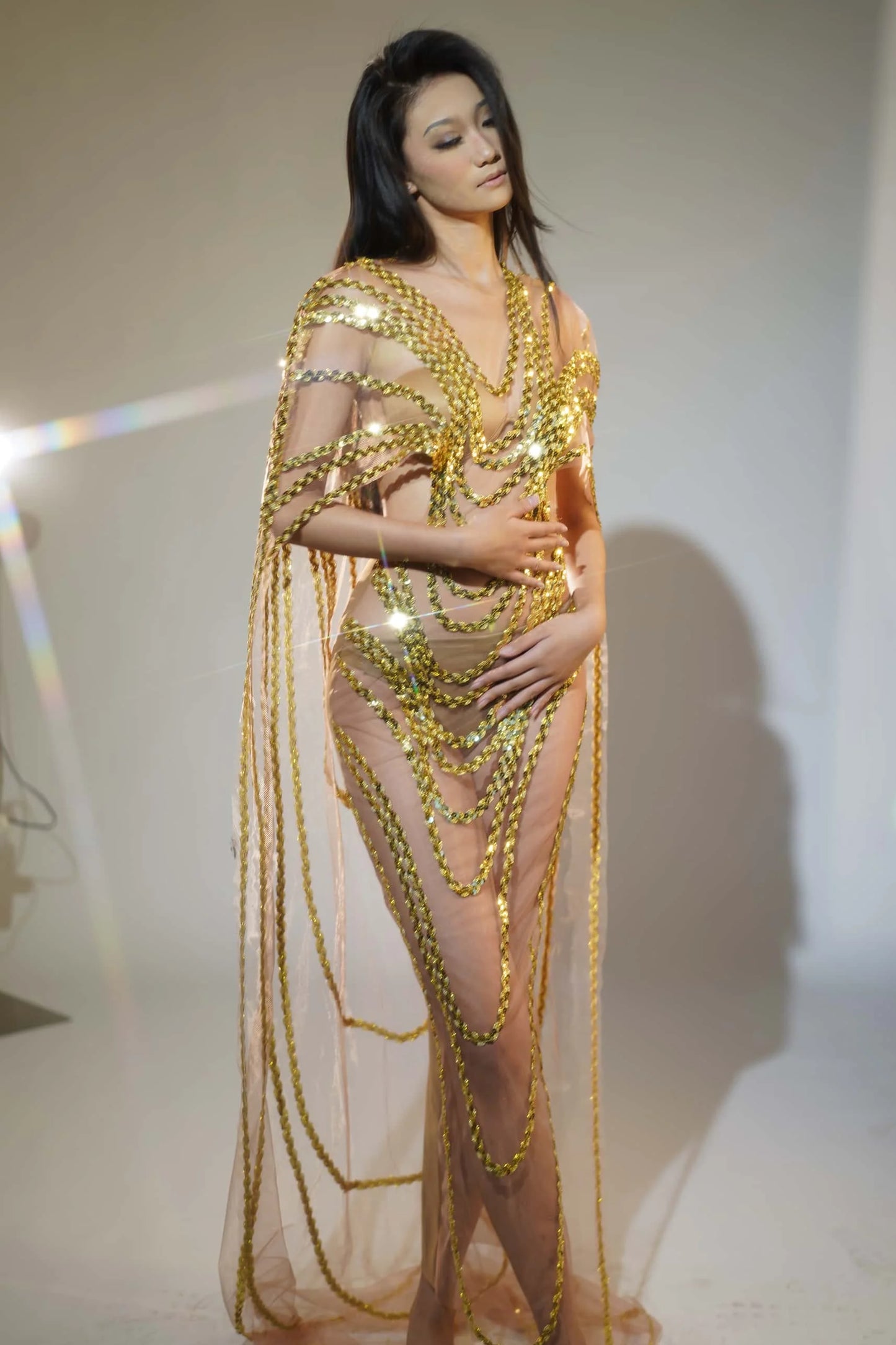 Maxy Sparkly Gold Sequins Mesh Celebrate Evening Prom Gown Long Dress Birthday Outfit Singer Stage Wear Show Costume Fengshui