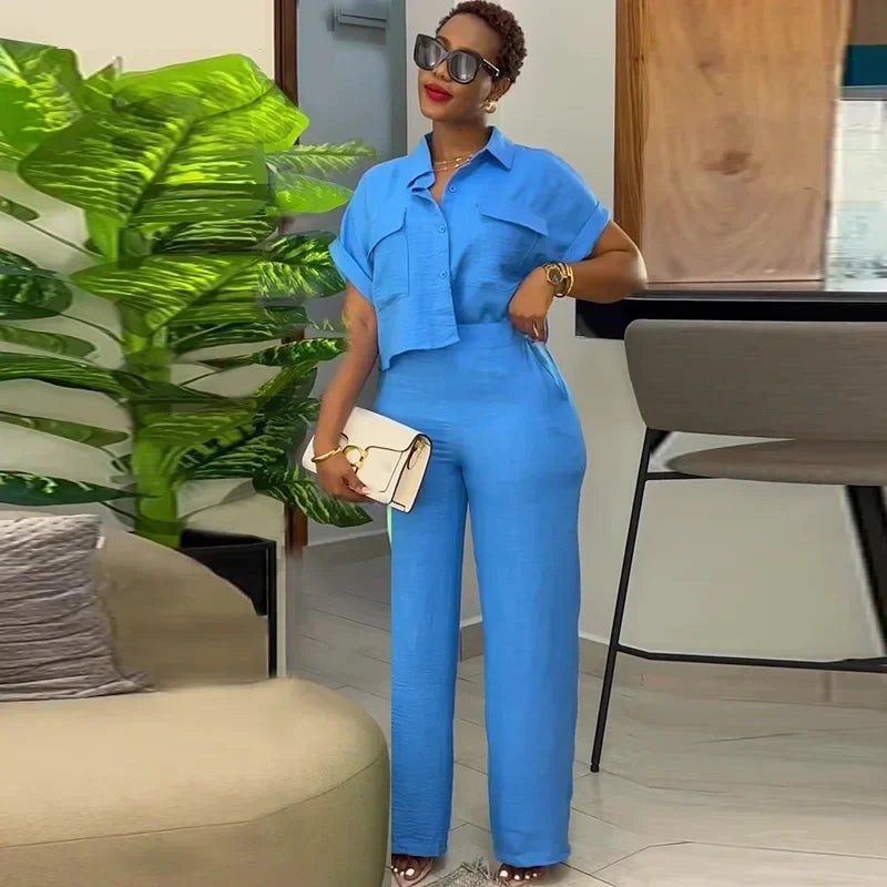 Maxy Fashion Vintage Women's Set Short Sleeve Shirt and Wide Leg Pants Spring Street Two 2 Piece Sets Outfit Tracksuit