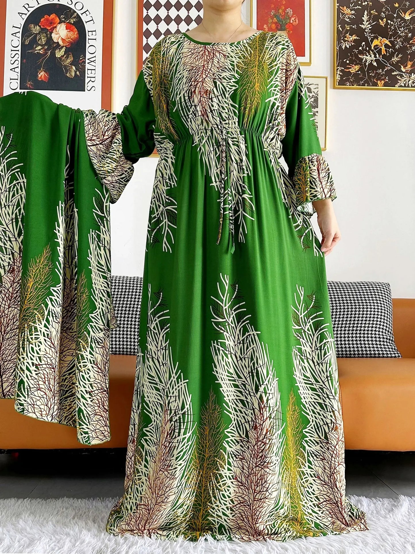 Maxy New Women Long Sleeve Dashiki Dress African Woman Print Turban Kaftan Abaya Ramadan Eid Muslim Hijab Dresses Femme Arabia dress