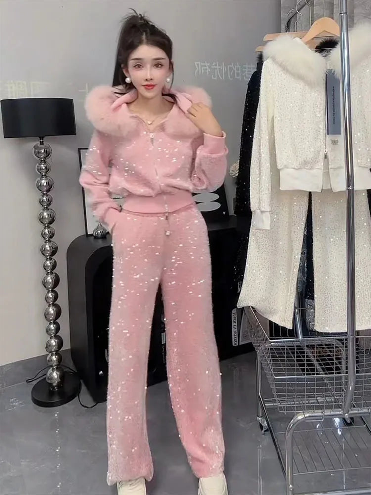 Maxy Fashion plush Casual set Autumn Winter design with fur collar sequin hooded sweater Coat and wide leg pants two-piece sets