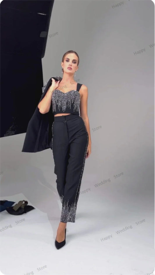 Maxy 3 Pieces Black Women Suits Pants Set Luxury Beads Glitter Top Bra+Blazer+Trousers Custom Made Bling Jacket Party Prom Gown