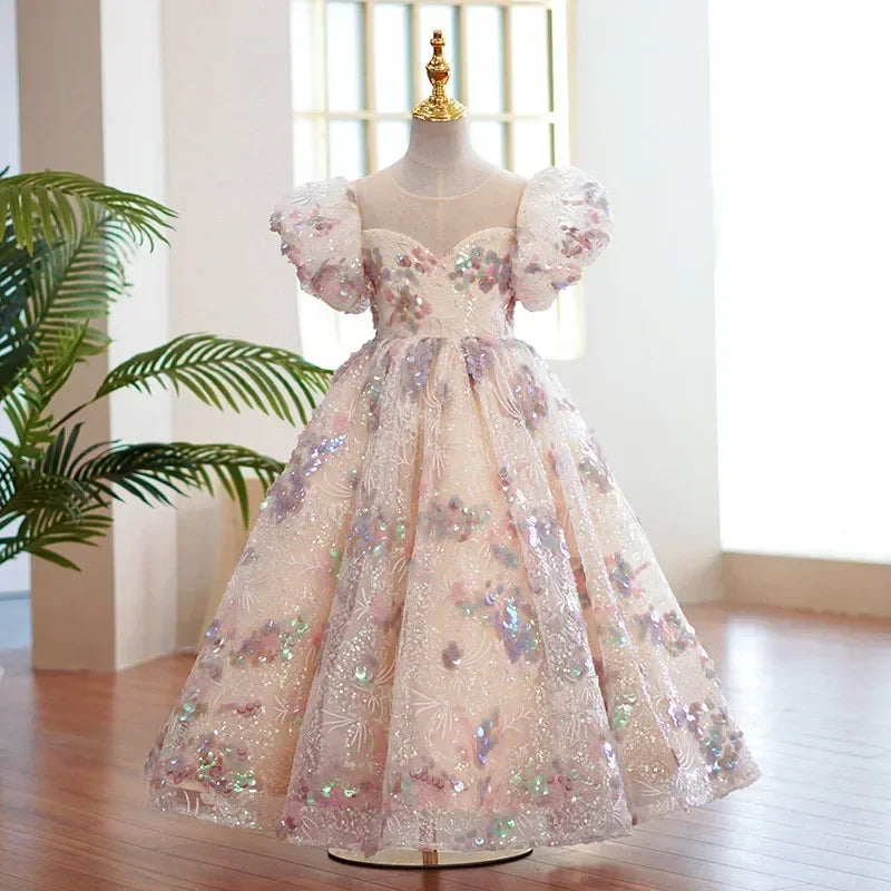Maxy Children Evening Dresses for Girls 3 12 14 Years Kids Birthday Party Luxury 2023 Fluffy Ball Gown Wedding Prom Formal Lace Dress