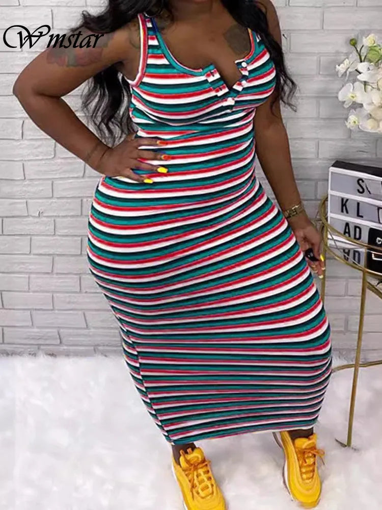 Wmstar Plus Size Dresses for Women Striped Printed Sleeveless Fashion Party Bodycon Stretch Maxi Dress Wholesale Dropshipping