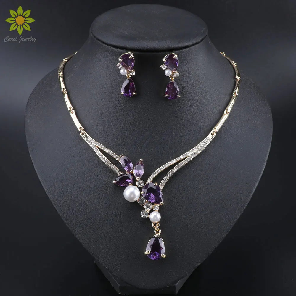 Maxy Luxury Jewelry Sets Purple Crystal Necklace Earrings Set for Women Bridal Jewelry set Accessories Gifts