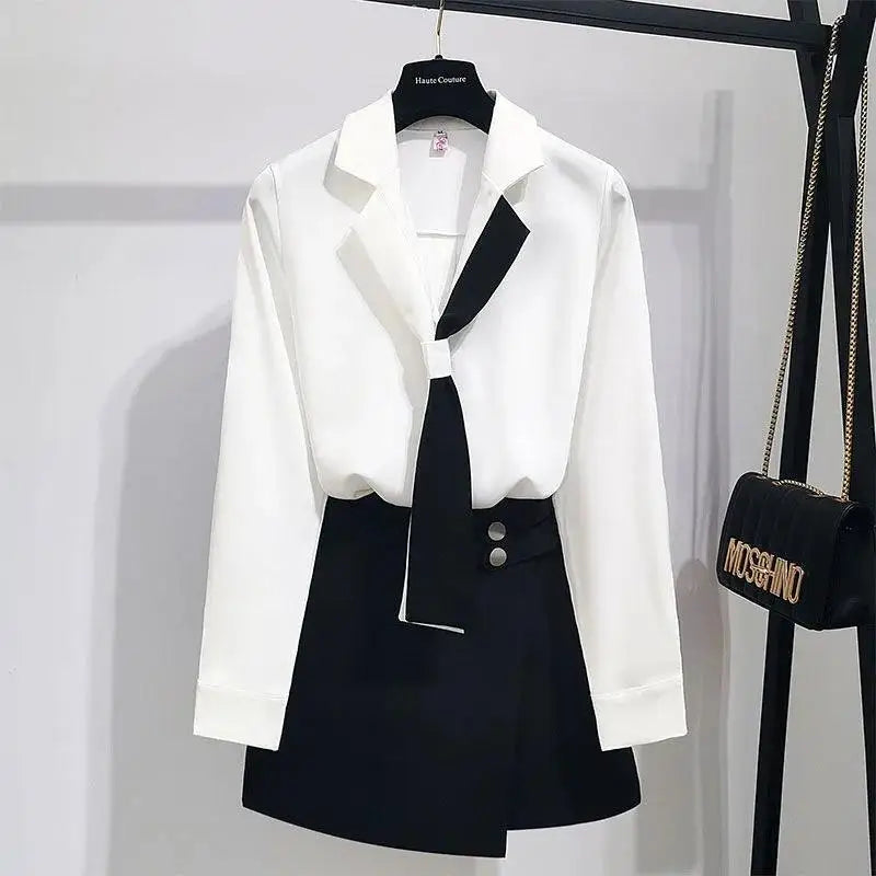 Amay Girl White Shirt Top Midi Skirt Two-piece Women's Professional Suit Korean Fashion Elegant Blouse Dress Set Female Clothes
