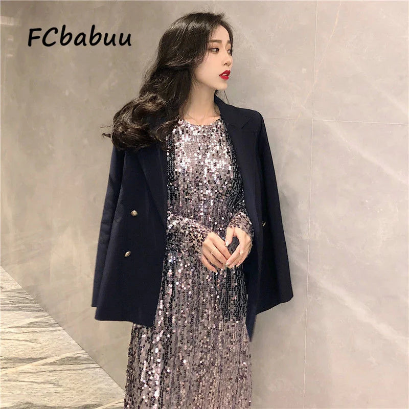 Maxy Silver Dresses for Women 2024 Sequin Long Sleeved Gown Party Celebrity Dress Slim Bodycon Streetwear Prom Outfits