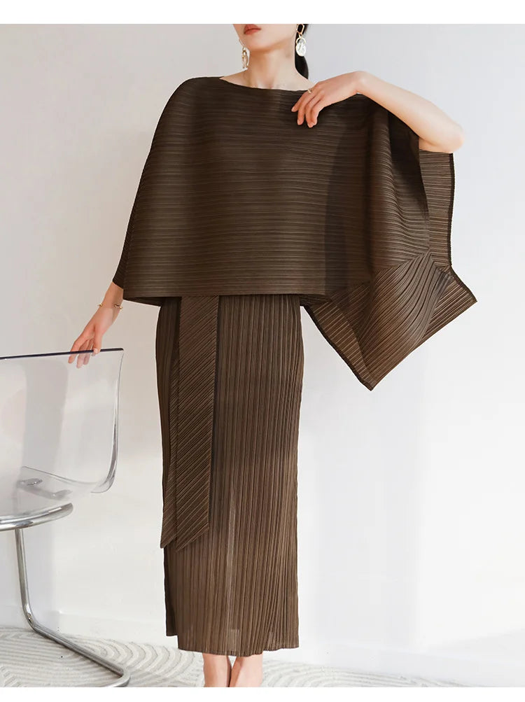 Amay Pleated cape suit summer new fashion suspender skirt+irregular lace-up shawl two-piece set [x244]