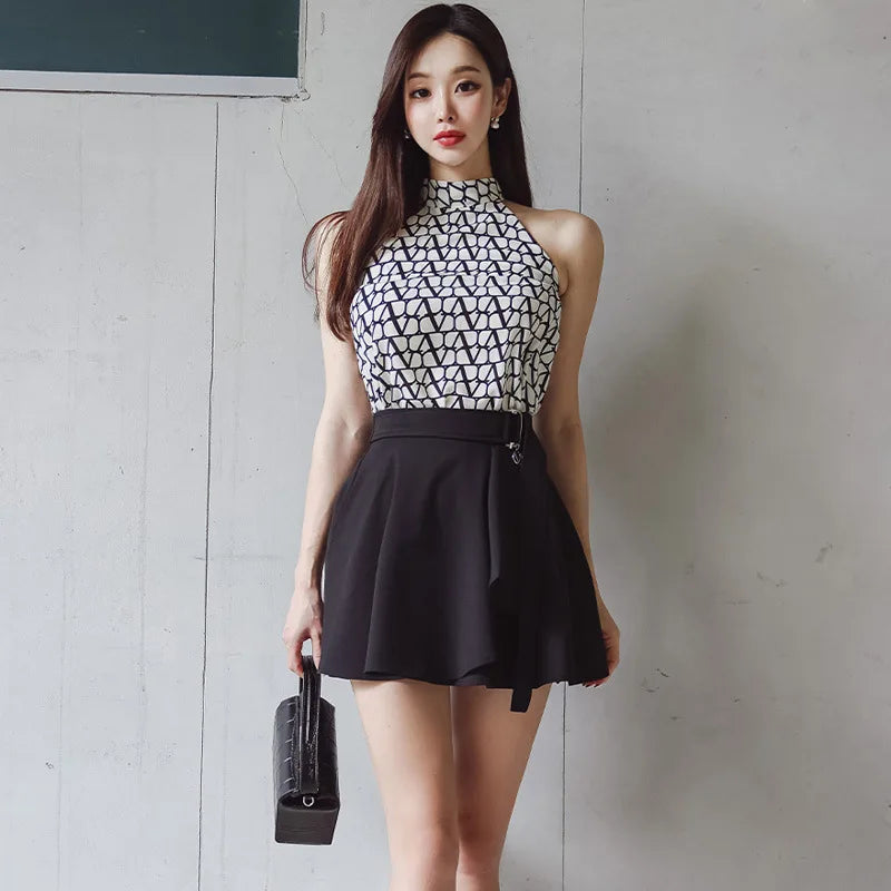 Summer Elegant Women's Outfit Casual Suit Hanging Collar Printed Top+High Waist Ruffle Edge Short Half Skirt Set of Two-piece