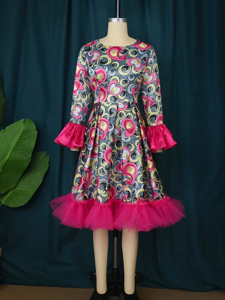 Maxy Big Size Print Dress Women Pleated Vintage Flare Sleeve Ruffle A Line Satin Sweet Fall Party Ball Gowns African Ladies Gowns