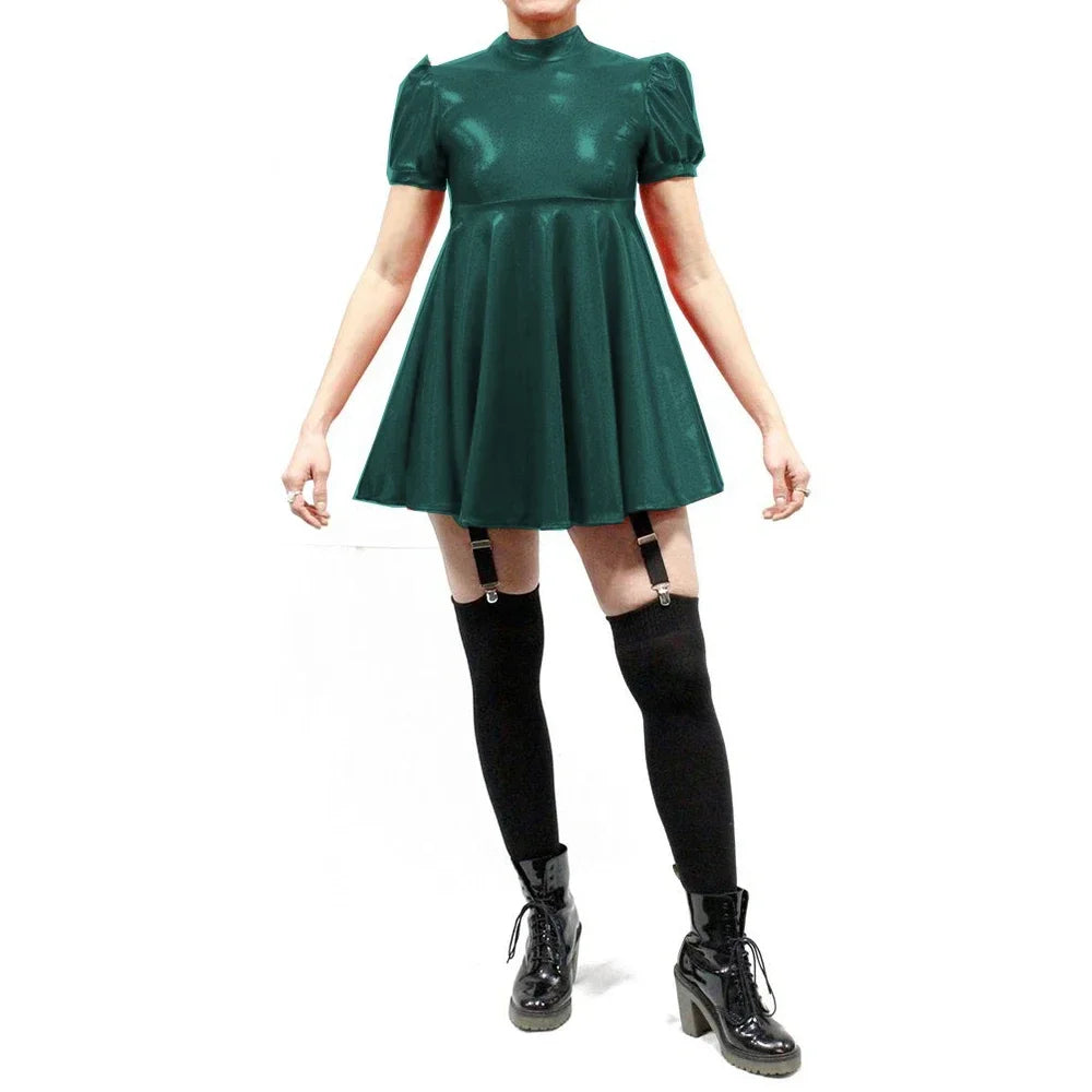 Maxy Plus Size Latex-look Mini Dresses Fashion Mock Neck Pleated A-Line Sissy Dress Rave Party Swing Short Dresses Male PVC Vestidos