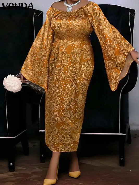 Amay Plus Size 5XL VONDA Women Sexy Off Shoulder Dress Flare Sleeve Party Maxy Long Dress Fashion Printed Sundress Elegant Robe