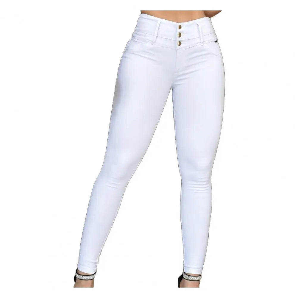 Maxy Skinny Women Pants High Waist Slim Stretchy Zipper Button Breathable Ankle Length Pencil Pants Lady Long Trousers