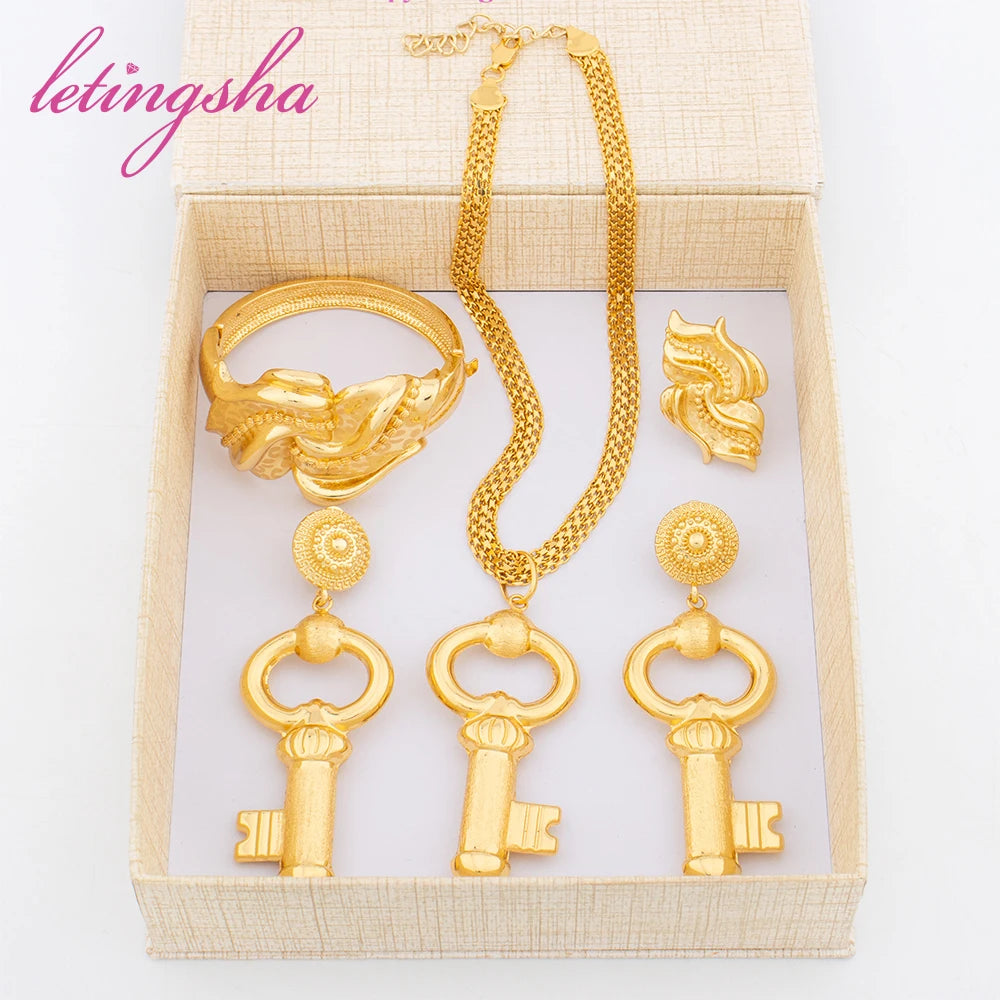 Amay Copper Gold Plated Jewelry Set Hip Hop Key Design Necklace Earrings Luxury Classic Bangle Ring Set Daily Wear Party Gift