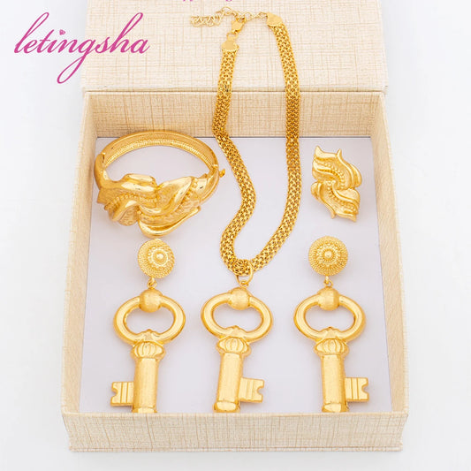 Amay Copper Gold Plated Jewelry Set Hip Hop Key Design Necklace Earrings Luxury Classic Bangle Ring Set Daily Wear Party Gift