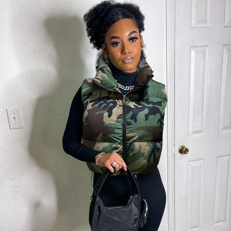 Maxy Street Women Camouflage Zipper Puffer Jacket Hollow Out Sleeve Camo Bubble Coats Stand Collar Collect Waist Parkas Down Jacket