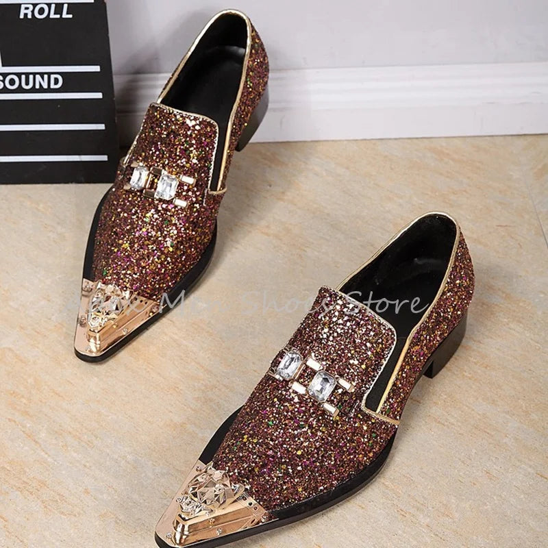 Visco Genuine Leather Rhinestone Sequin Men's Loafers Slip On Metal Pointed Bling British Dress Shoes Trendy Versatile Wedding Shoes