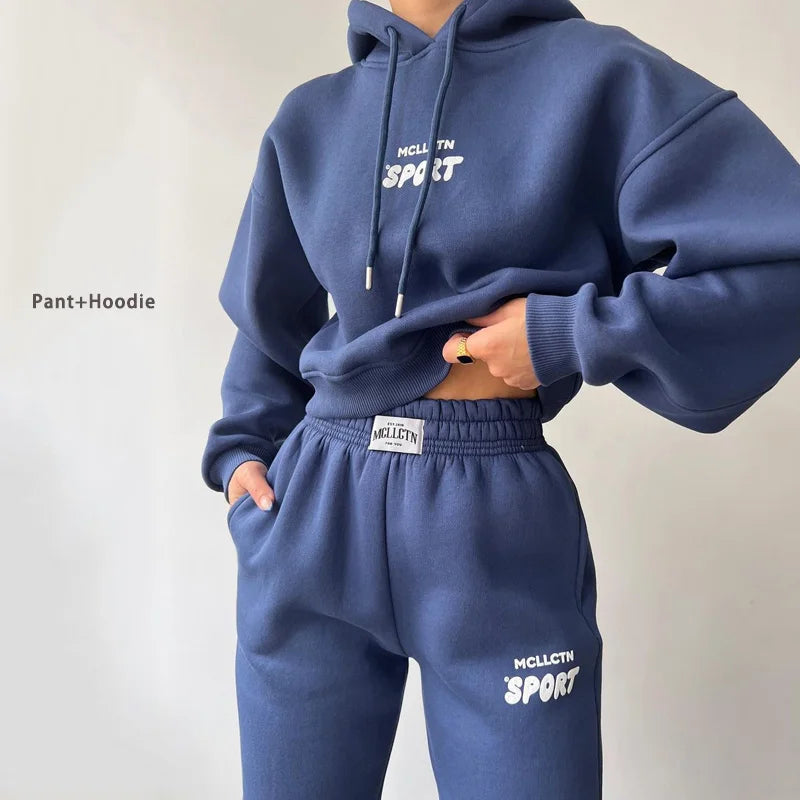 Maxy Winter New Two Piece set Fleece Hoodie Pant Set y2k Sweatshirt Trouser Sportswear Set Workout Suits For Women Casual Hoodie Sets