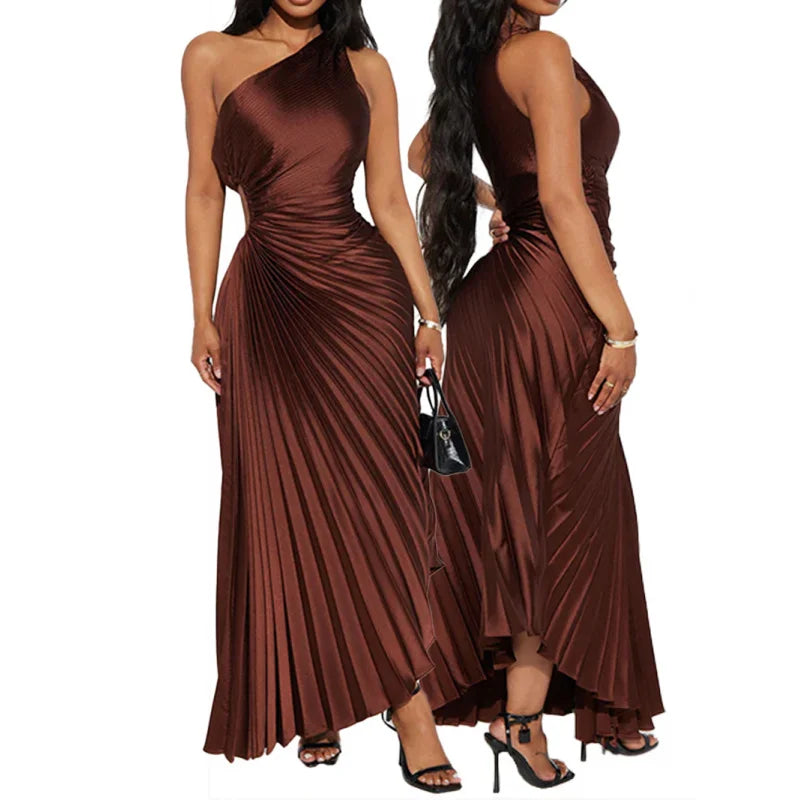Maxy Spring Evening Banquet Elegant Hip-Hugging Off-One-Shoulder Round Cutout Pleated Women's Fashion Dress