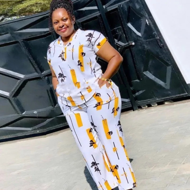 Maxy Pants Set Women Blouse Straight Trousers Two Piece Set Shirt Tracksuit Set Dashiki African Clothes Summer Top Matching Sets