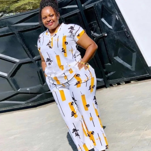 Maxy Pants Set Women Blouse Straight Trousers Two Piece Set Shirt Tracksuit Set Dashiki African Clothes Summer Top Matching Sets