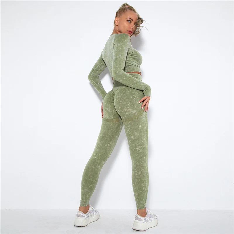 Seamless Sports Suits Women O-neck Crop Tops Long Sleeve Push Up Leggings Sets Gym Wear Summer Two Pieces Sets Tracksuit Feamle