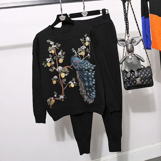 Maxy Casual Tracksuit Knitted Set Women Sequins Phoenix Pattern Sweater Long Pants Two Piece Set Female Loose Black Knitting Outfits