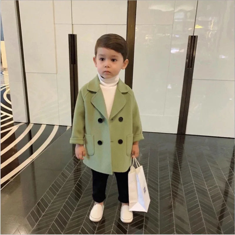 Maxy Boy Girl Woolen Jacket Long Double Breasted Warm Infant Toddler Lapel Tweed Coat Spring Autumn Winter Baby Outwear Clothes