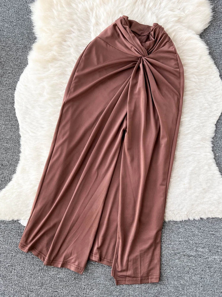 Maxy Summer Sexy Beach Two Piece Set Women Cross Necked Crop Top Split Mid Length Wrap Skirt Boho Brown Suits