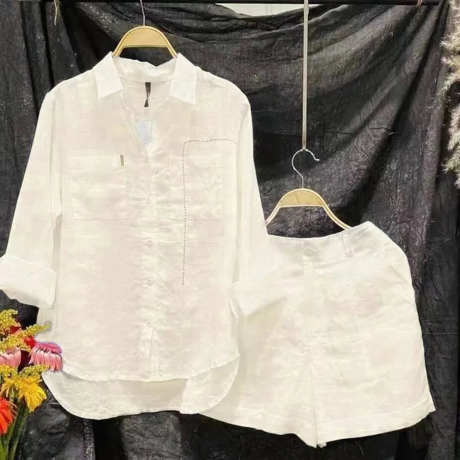 Maxy Summer Casual Home 2 Piece Set For Women Basics Cotton White Long Sleeve Shirt and Shorts Pants Set New Fashion Tracksuit