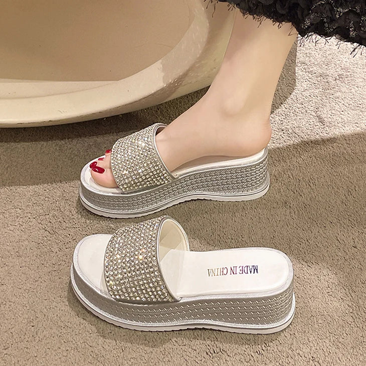 Babs rhinestone slippers Sequined High-heeled One-word Slippers Women Summer Outer Wear Platform Beach Comfort Sandals slippers women