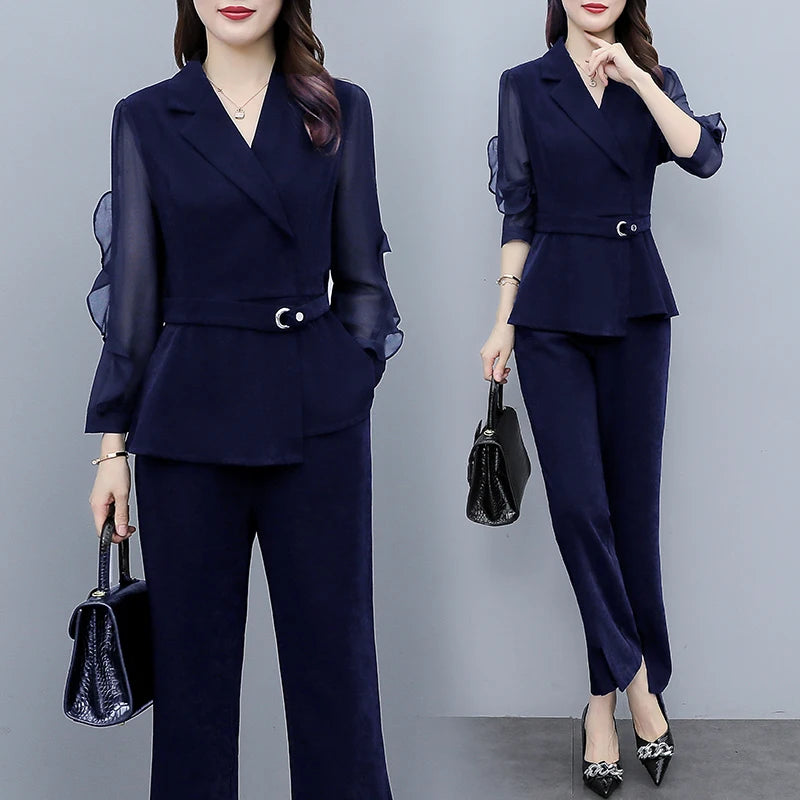 Maxy Women Oversize Solid Pants Sets New Spring Clothes Elegant V-Neck Long Sleeve Tops High Quality Female 2Pcs Outfits Suits
