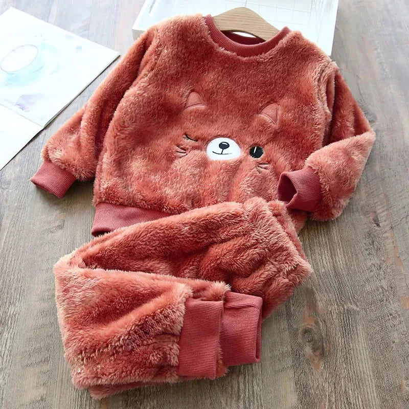 Babs Boy Girl Clothes Pajamas Set Flannel Fleece Toddler Child Warm Catoon Bear Sleepwear Kids Home Suit Winter Fall Spring 1-8Y