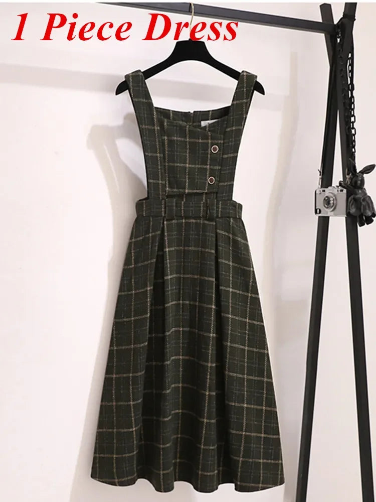 Maxy High Quality Fall Winter Women Sweater Overalls Dress Sets Casual Knitted Tops +Plaid Woolen Dress 2 Piece Sets Outfits Female