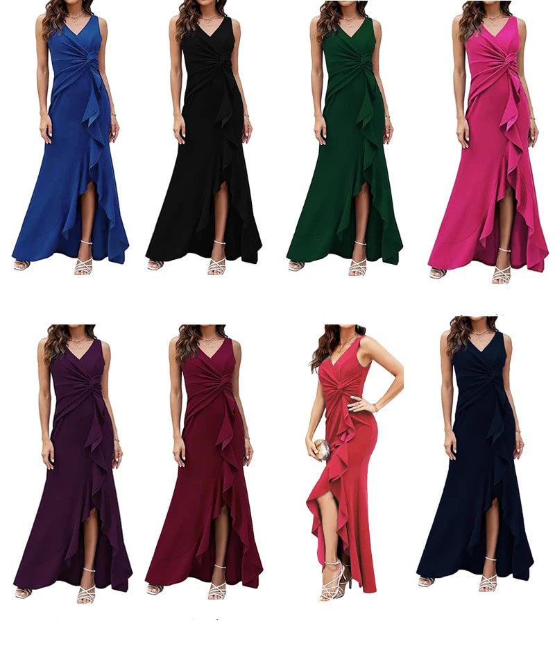 Maxy Elegant V-Neck Party Maxy Dress Women Fashion Sleeveless Ruffle Split Gown Prom Dress Ladies Slim Fit Tie Up Bodycon Gala Dress