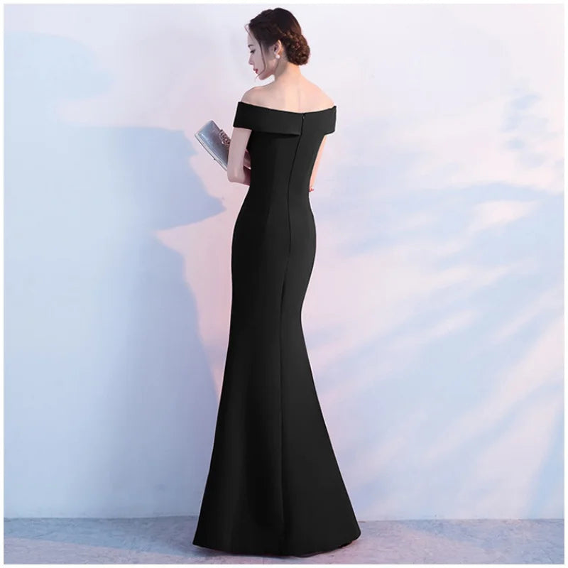 Maxy Evening Dresses Black Stretchy Off the Shoulder Zipper Back Mermaid Trumpet Slit Floor Length Women Party Formal Gowns YE006