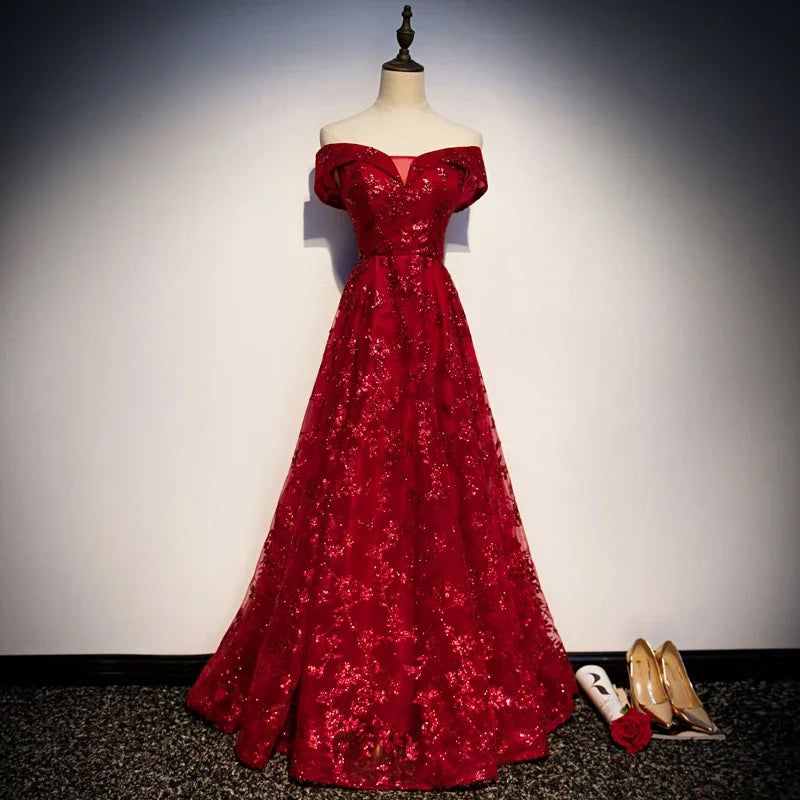 Maxy Customized Evening Dresses Burgundy Bling Tulle A-line Floor-length Off the Shoulder Plus size Woman Party Formal Gown