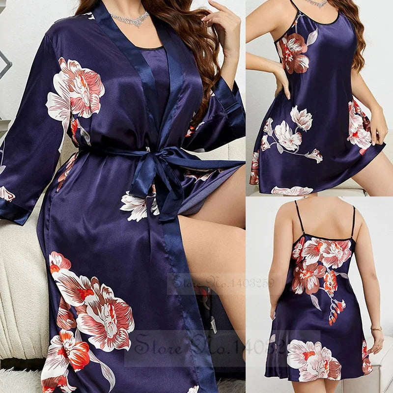 Maxy Large Size 3XL 4XL 5XL Female Robe Nightgown Print Flower Long Kimono Bathrobe Gown Sleepwear Loose Satin Home Dress Lounge Wear