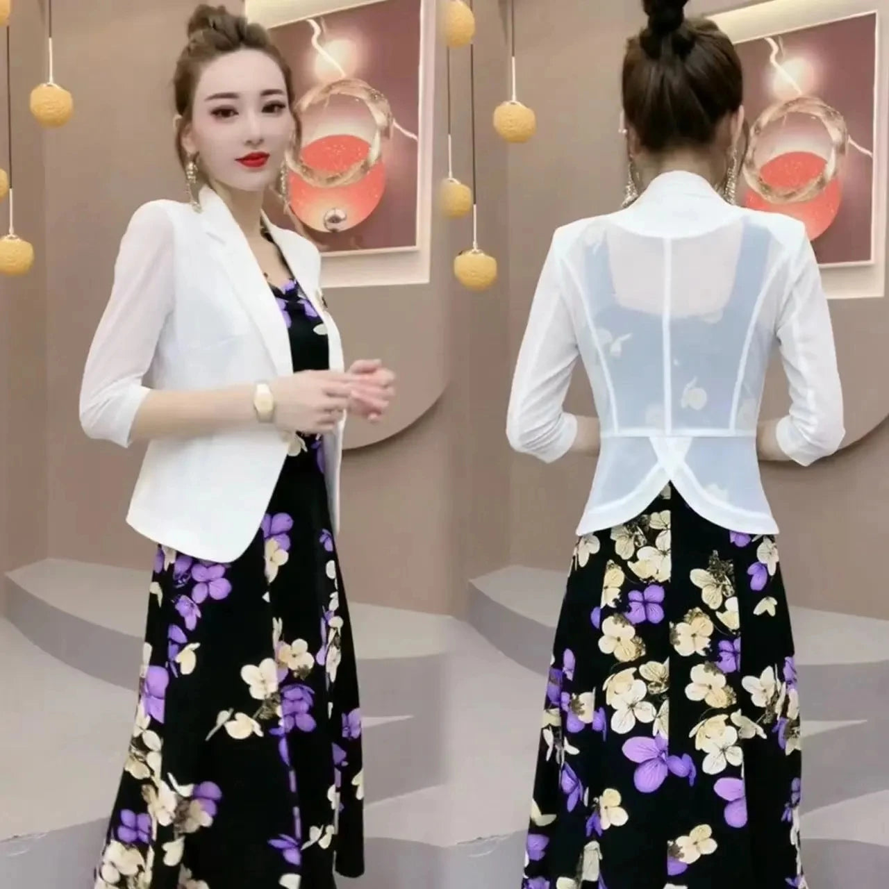 Maxy Popular High-End Brooch Blazer Slip Dress Suit Jacket Women's Summer Fashion Blazer Suit Skirt Two-Piece Set Sling Print Dress