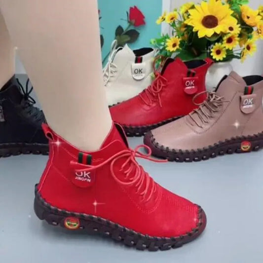 Maxy NEW Women Shoes Autumn Loafers Lace Up Sneakers Casual Flats Solid Soft Bottom Boots Leather High-Top Sneaker Female Shoes