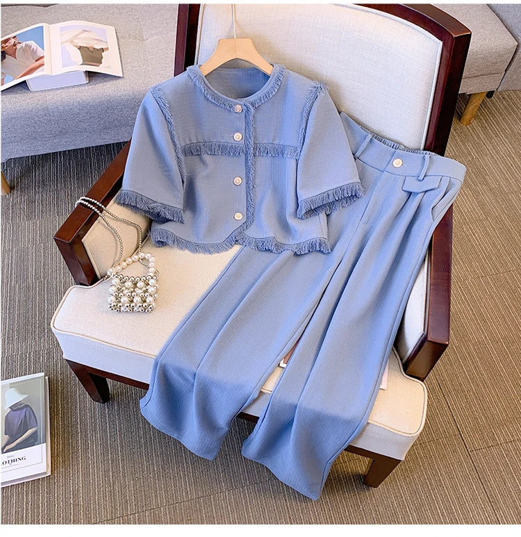 Maxy Women Fragrance Vintage Tassel Pant Suit Shirt Top And Trousers Two Piece Set Summer Matching Outfit Formal Occasion Cloth