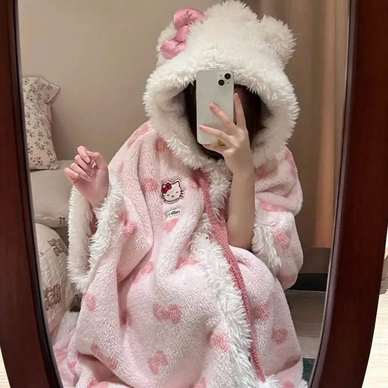 Visco Hooded Hello kitty Plush Robes Girls Cute Sanrio Anime Pajamas Blanket High Quality Casual Fleece Sleepwear Women Clothing